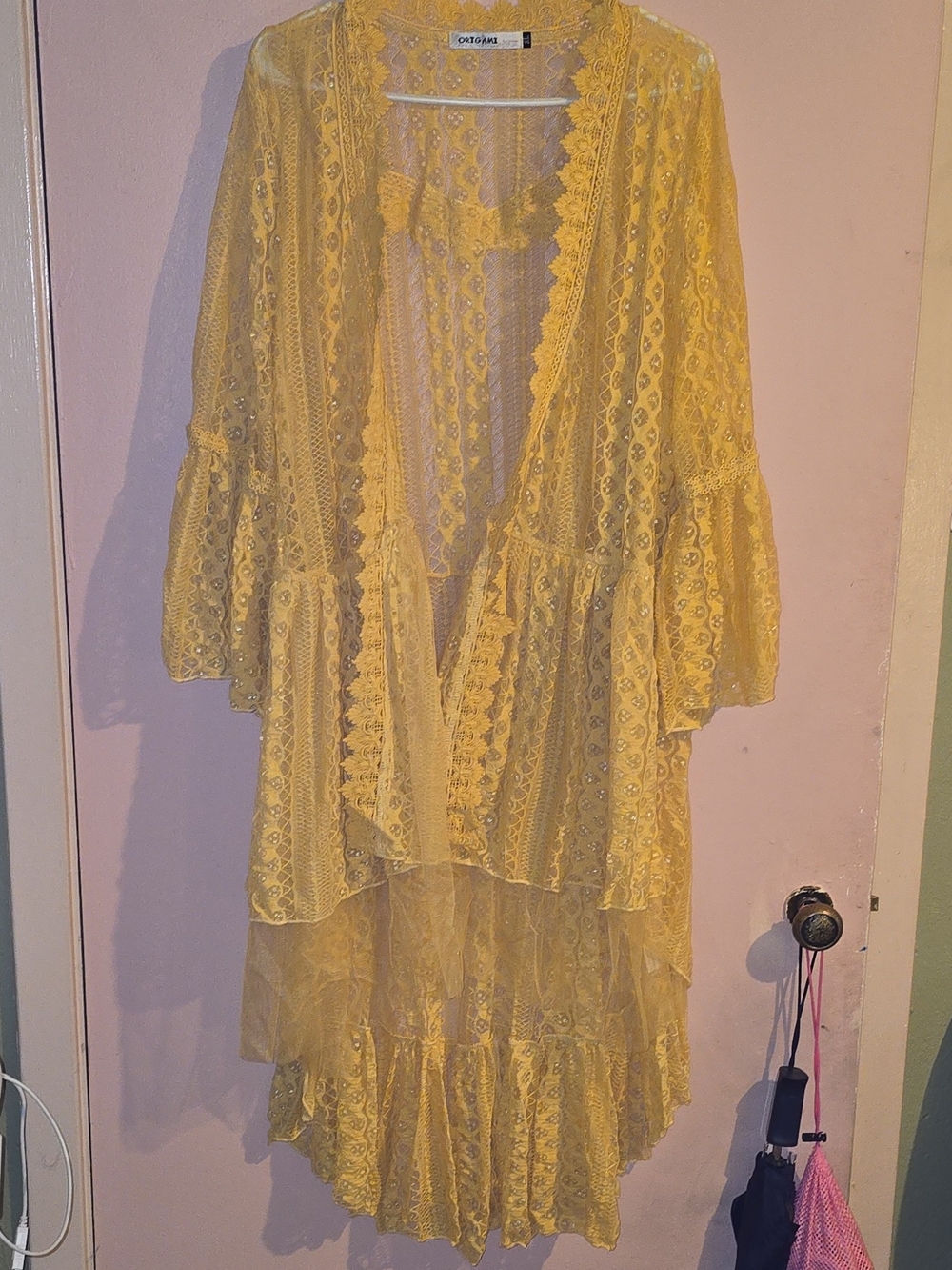 New Origami Top Yellow Lace Sheer Bell Sleeve Boho Hi-Lo Kimono XL